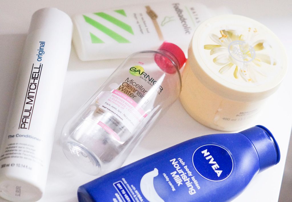 paul mitchell leave-in conditioner, nivea body milk, garnier michellar water, the body shop miringa body butter, matas fodbadeolie, empties, empty products