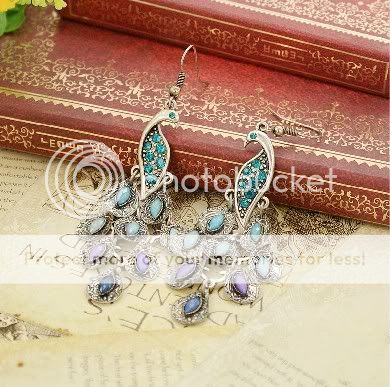 Antiqued Silver Peacock Multi Sequin Chandelier Earring.  